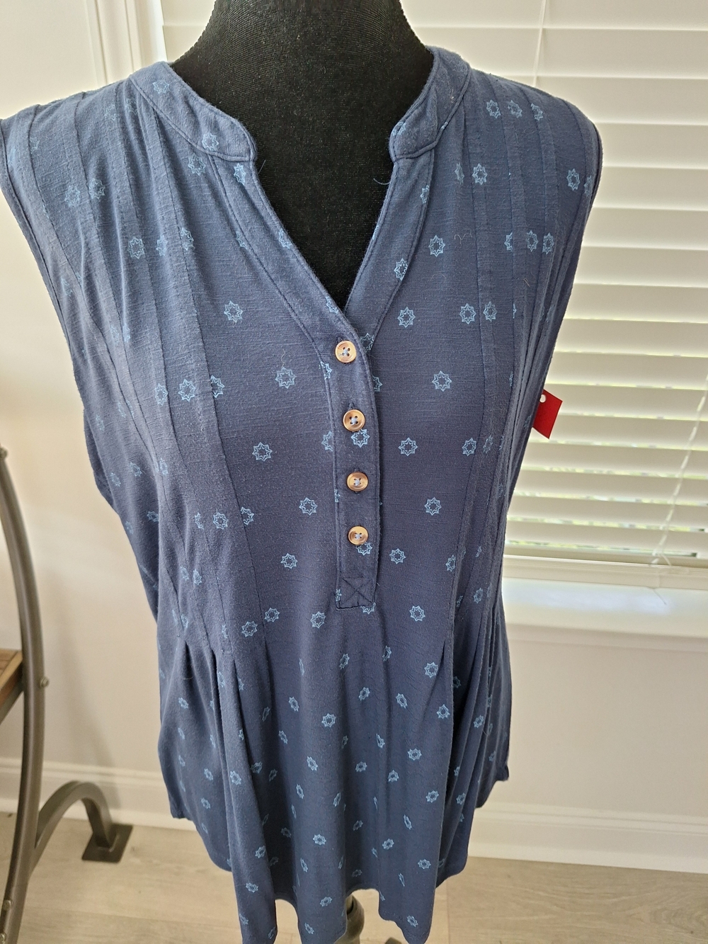 Westport Navy Blue Printed Sleeveless Henley Tank
